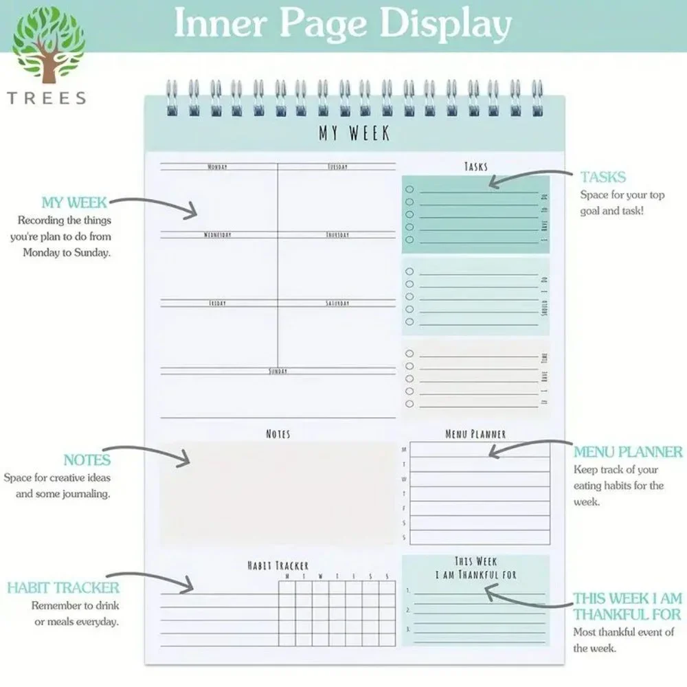 Weekly Planner Undated To-Do Task Checklist Meal Plan Habit Tracker 8.5*5.5 Inch